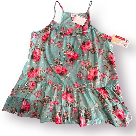 Mossimo Teal Turquoise Blue Pink Floral Tiered Ruffle Spaghetti Strap Tank NWT - Picture 2 of 8